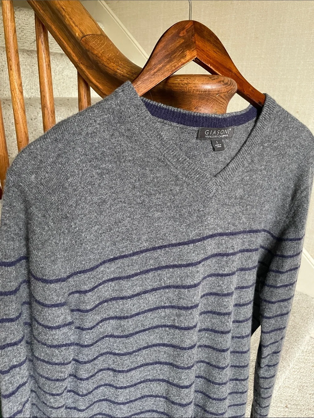 Giasone 100% 2Ply Cashmere Men's Grey V-Neck Striped Sweater